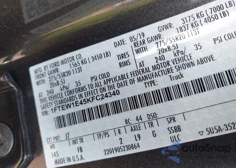 2019 Ford F-150 Xlt from USA, damaged, VIN 1FTEW1E45KFC24340